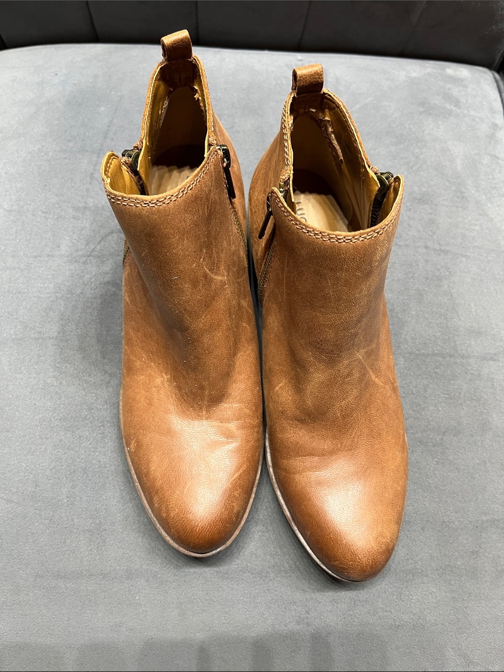 Lucky Brand Cognac Leather Ankle Booties with Side Zips